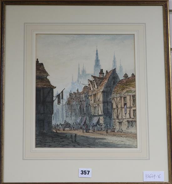 Henry Vincent watercolour, Continental street scene with cathedral, 29 x 25cm